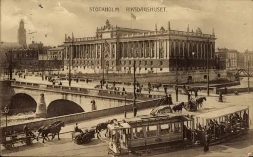 Ak Stockholm Schweden,  Riksdagshuset, Brücke, Straßenbahn, Pferdekutschen