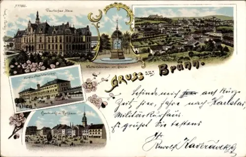 Litho Brno Brünn Südmähren, Deutsches Haus, Wetterhäuschen, Staatsbahnhof, Markt, Rathaus