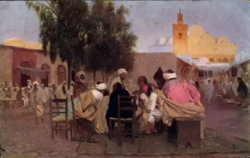 Künstler Ak Ägypten, Arabisches Café und Moschee
