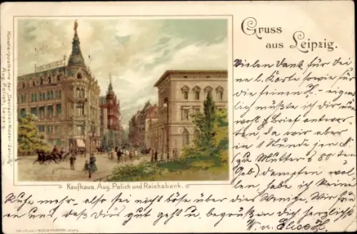 Litho Leipzig in Sachsen, Kaufhaus Aug. Polich und Reichsbank