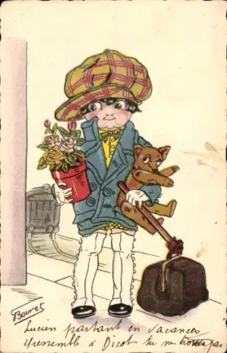 Künstler Ak Bouret, Kind, Gepäck, Teddy, Reise
