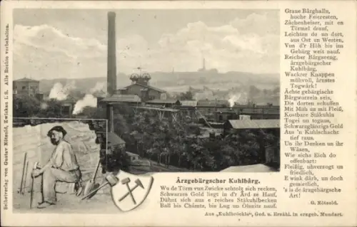 Ak Ärzgebärgscher Kuhlbärg, Gedicht in erzgebirgischer Mundart, Bergmann im Kohlenschacht
