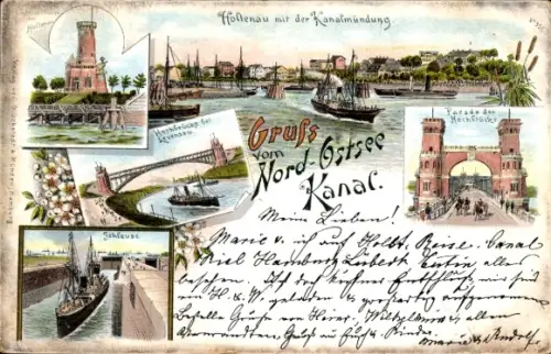 Litho Holtenau Kiel in Schleswig Holstein, Nord Ostsee Kanal, Hochbrücke, Leuchtturm, Schleuse