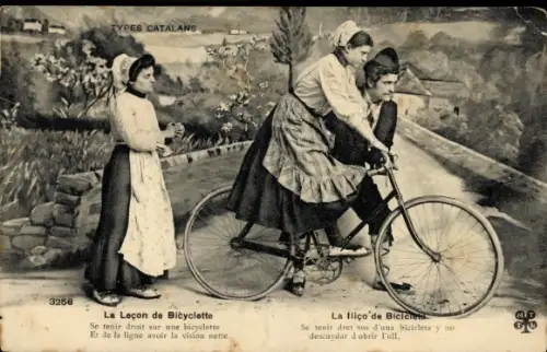 Ak Katalonien Spanien, Fahrrad Lehrstunde, Tracht
