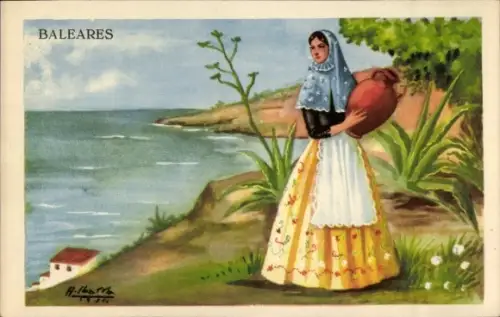 Künstler Ak Balearische Inseln, Junge Frau in Tracht, Wasserkrug