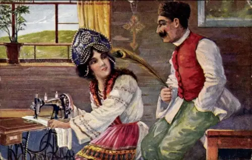 Künstler Ak Nähmaschine Seidel & Naumann Dresden, Paar in Tracht, Pfauenfeder