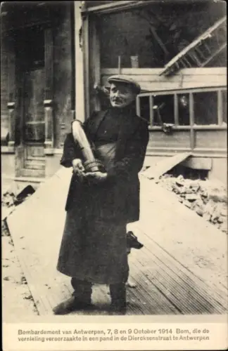 Ak Anvers Antwerpen Flandern, Bombardierte Stadt, Mann mit Blindgänger, 1914