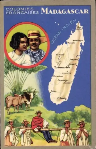 Landkarten Ak Colonies Francaises, Madagascar, Mann wird von seinen Dienern transportiert