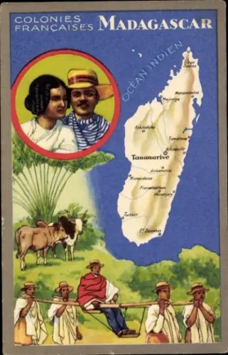 Landkarten Ak Colonies Francaises, Madagascar, Mann wird von seinen Dienern transportiert