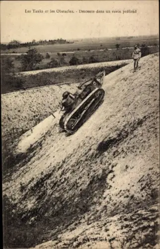 CPA Les Tanks et les Obstacles, Descente dans un ravin profond