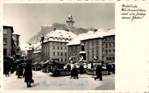 Ak Graz Steiermark, Brunnen im Winter, Weihnachten, Neujahr