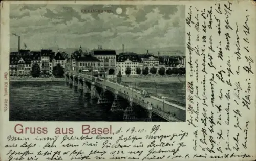Mondschein Litho Basel Bâle Stadt Schweiz, Stadt bei Nacht, Brücke