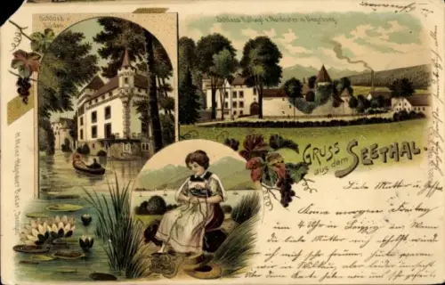 Litho Seengen Kanton Aargau, Seethal, Schloss Hallwyl, Frau in Tracht