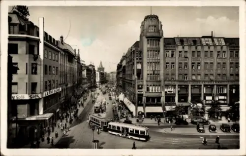 Ak Praha Prag Tschechien, Stadtansicht, Straßenbahn, Autos, Geschäfte, Prager Graben