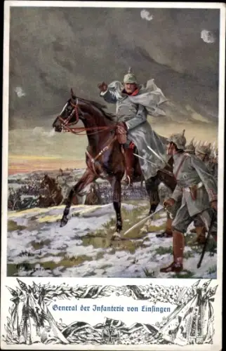 Künstler Ak General der Infanterie von Linsingen, Portrait auf einem Pferd, Schlachtfeld, I. WK