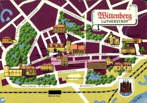 Stadtplan Wappen Ak Lutherstadt Wittenberg, Wallstraße, Fleischer Straße, Schlosskirche, Stadtkirche