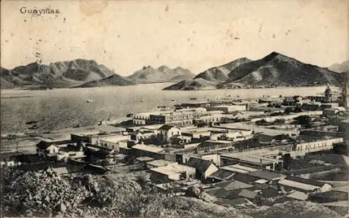 Ak Guaymas Mexiko,  Hafenstadt, Stadtpanorama, Küstenbucht, Bergkette