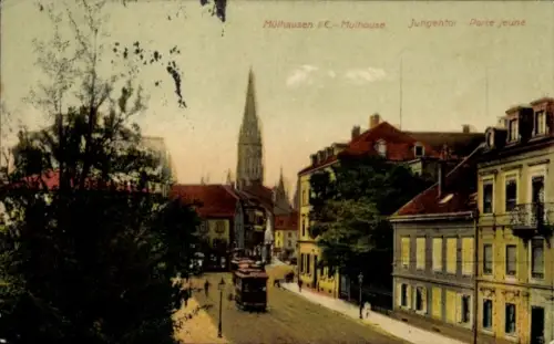 Ak Mulhouse Mülhausen Elsass Haut Rhin, Mülhausen iE (Mulhouse), Jungentor / Porte Jeune, Straßen