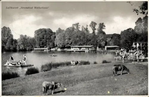 Ak Weiherhaus Feucht in Mittelfranken, Luftkurort, Strandbad  Badesteg, Badehütten