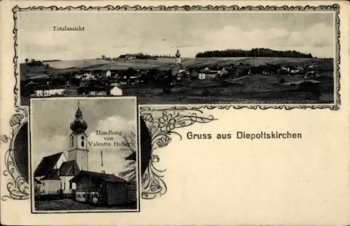 Ak Diepoltskirchen Falkenberg in Niederbayern, Totalansicht, Geschäft Valentin Huber, Kirche