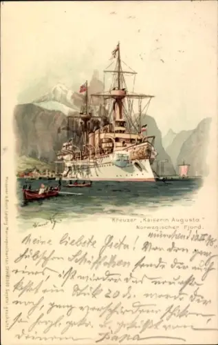 Künstler Litho Bohrdt, Hans, Deutsches Kriegsschiff, Kreuzer Kaiserin Augusta, Norwegischer Fjord