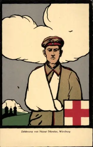 Künstler Ak Dikreiter, Heiner, Rotes Kreuz Würzburg, verwundeter Soldat