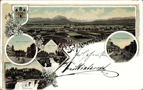 Litho Schwanenstadt in Oberösterreich, Panorama, Unterer und oberer Stadtplatz, Wasserfall, Wappen
