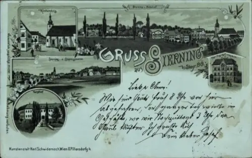 Mondschein Litho Sierning Oberösterreich, Kirchenplatz, Bahnhof, Teilansichten