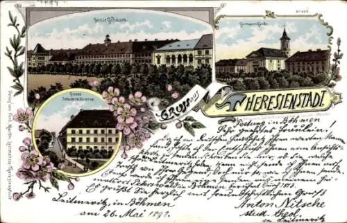 Litho Terezín Theresienstadt Region Aussig, Kirche, Infanterie-Kaserne