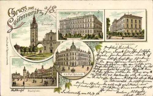 Litho Litoměřice Leitmeritz Region Aussig, Stadtplatz, Domkirche, Postgebäude, Obergymnasium
