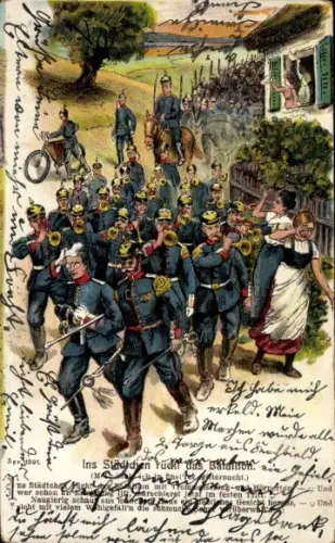 Litho Ins Städtchen rückt das Bataillon, Soldaten, Kriegsausmarsch