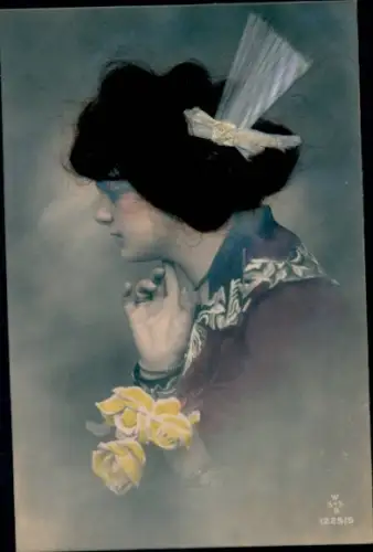 Echthaar Ak Frau-Porträt, Gelbe Rosen