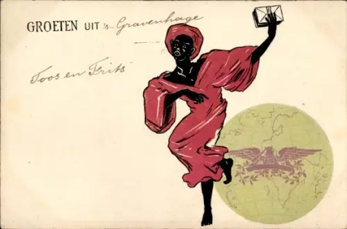 Ak Planet Erde, Globus, Mensch in rotem Gewand, Post