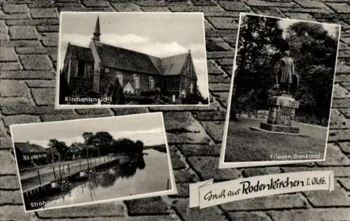 Ak Rodenkirchen in Oldenburg Stadland, Kirchenansicht, Strohauset Slet, Friesen-Denkmal