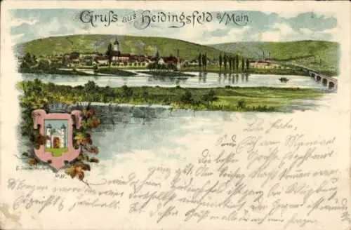 Künstler Ak Heidingsfeld Würzburg am Main Unterfranken, Gesamtansicht, Wappen