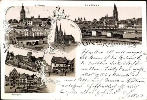 Litho Regensburg an der Donau Oberpfalz, Rathaus, Dom, Arnulfplatz, Hotel goldnes Kreuz, Panorama