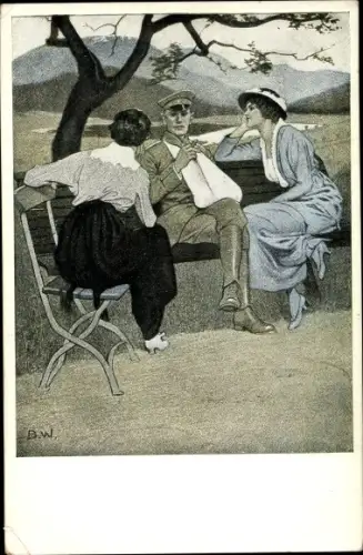 Künstler Ak Wennerberg, Bruno, Daheim, zwei Frauen und ein Mann, Soldat