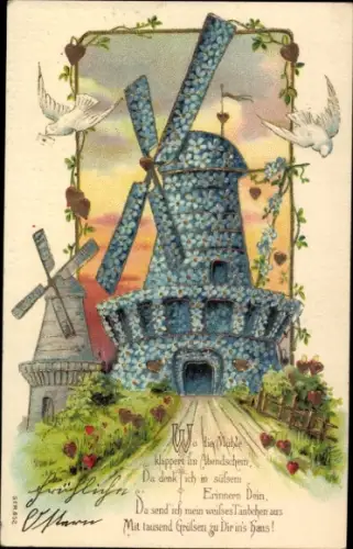 Präge Ak Windmühle aus Vergissmeinnicht, weiße Tauben, Herzen