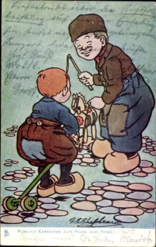 Künstler Ak Kinder in Niederländischen Trachten beim Spielen, Wohlauf Kameraden