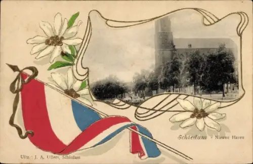 Präge Passepartout Ak Schiedam Südholland Niederlande, Neuer Hafen, Kirche, Flagge