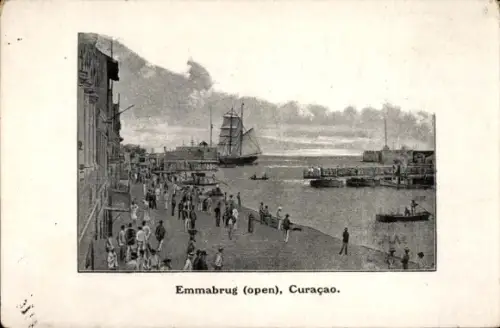 Ak Curaçao Niederländische Antillen Karibik, Emmabrücke, geöffnet, Segelschiff