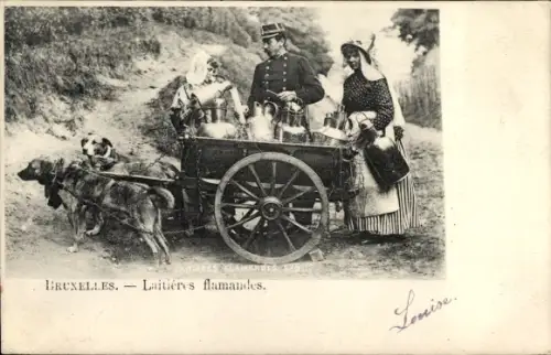 Ak Brüssel, Flämische Milchmädchen in Tracht, Hundekarren, Polizist
