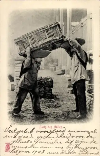 Ak Paris, Forts des Halles, Markthändler mit Waren