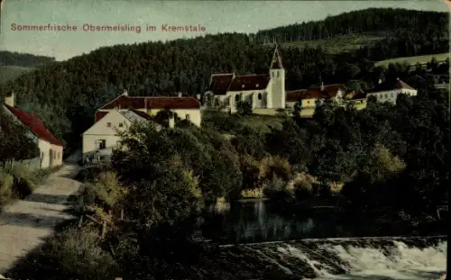 Ak Obermeisling im Kremstal Gföhl Niederösterreich, Kirche, Häuser am Fluss, Wehranlage/Damm, Ufe