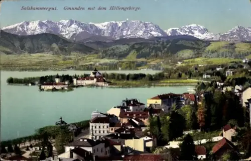 Ak Gmunden am Traunsee Salzkammergut Oberösterreich, See, Insel mit Gebäuden, schneebedeckte Berg
