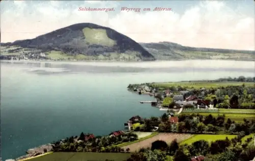 Ak Weyregg am Attersee Oberösterreich, Seeansicht, Ufer mit Häusern und Stegen, Felder und Bäume 