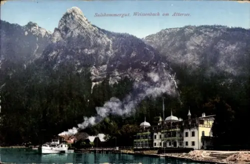 Photochromie Weißenbach am Attersee in Oberösterreich, Gebäude, Dampfer