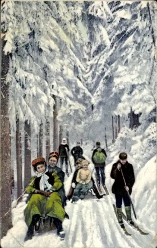 Ak Waldpartie im Winter, Skifahrer, Schlittenfahren
