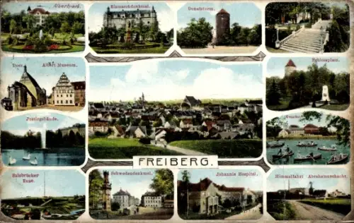 Ak Freiberg in Sachsen,  Dom, Albertpark, Blamarekdenkmal, Albert Museum, Schlossplatz