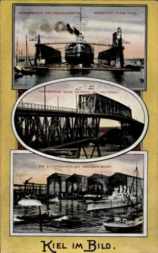 Ak Kiel, Schwimmdock, Holtenauer Hochbrücke, Prinz-Heinrich-Brücke, Germania Werft